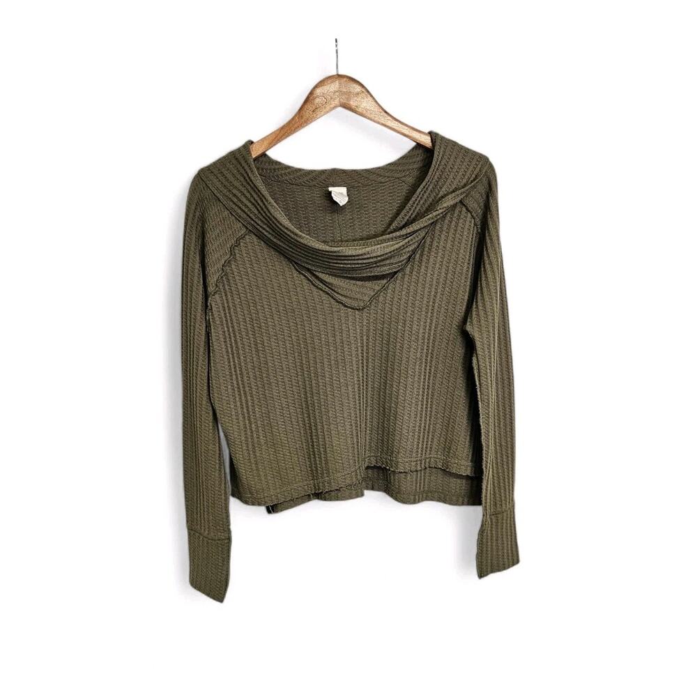 We the Free Green Wildcat Thermal Waffle Knit Cowl Neck Long Sleeve Top Medium